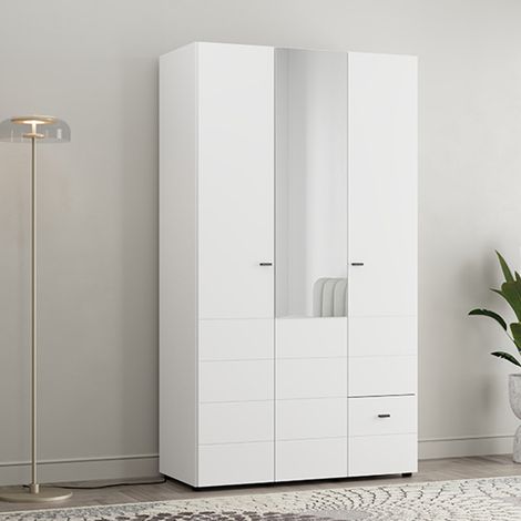 Guardaroba 3 Ante Serram, Armadio Camera da Letto Appendiabiti, un Cassetto, 4 Ripiani, 117x52 cm Bianco Opaco (1/5)