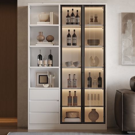 Buffet haut vitrine LED 100x35x160 cm, 2 portes vitrées, 3 tiroirs, étagère réglable, MDF et panneaux de particules, blanc (1/5)