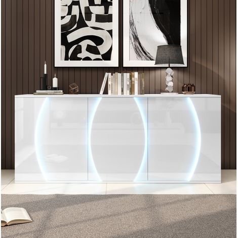 Credenza in truciolare bianco 150 x 40 x 70 cm, 3 ante, ripiani regolabili e porte con LED (1/5)