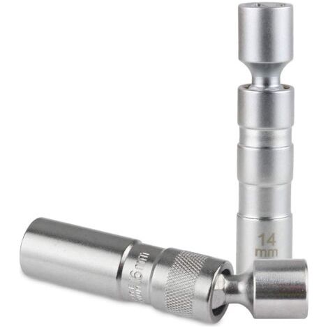 2pcs 14mm/16mm Douille de bougie d'allumage pivotante magnétique, 3/8' cle bougies voiture douze pans avec conception pivotante (Matériau CR-V)