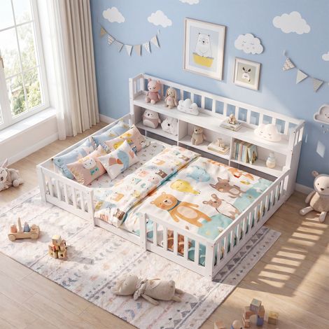 Montessori Lit de sol pour enfant 140x200 cm,Barrière de Sécurité et Sommier à Lattes,Bibliothèque Intégrée,Montessori Lit pour enfant en Bois Massif Pin,pour enfants,garçons et filles,Blanc (1/5)