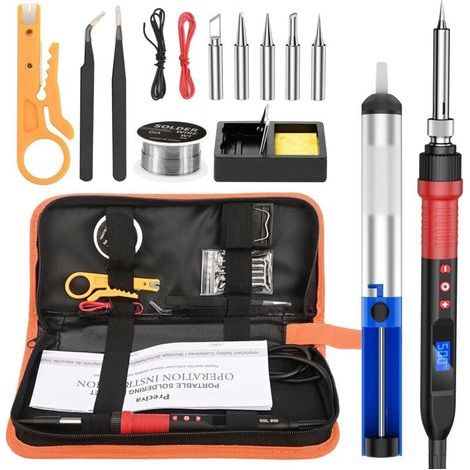 Kit de Soldador, Soldador Ajustable de 80W con Pantalla LCD (220℃-500℃), Estación de Soldadura, Pistola de Soldar, Hilo de Soldadura, 5 Puntas de Soldar, Pelacables, Bolsa de Herramientas Portátil (1/4)
