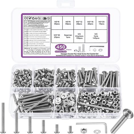 450 Pcs M3 Set di Vis et Écrous,Assortiment de Vis à Tête Creuse Hexagonale Jeu de Vis, Écrous et Rondelles à Tête Ronde à Six Pans Creux Argentés et Clés,Acier Au Carbone 10.9 (1/5)