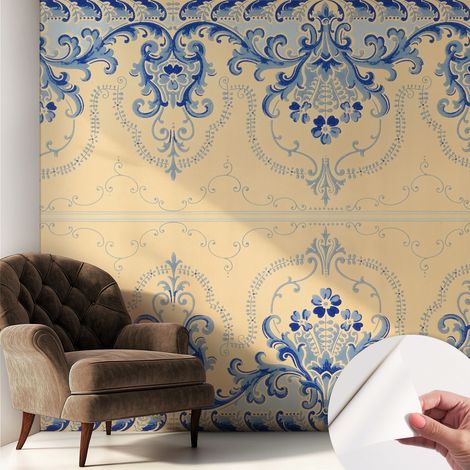 Tapete Selbstklebend - abwaschbar - Tapete mit Motiv - trendige Wanddeko - elegant Fototapete  Blaue Ornamente 250x250 cm (1/5)