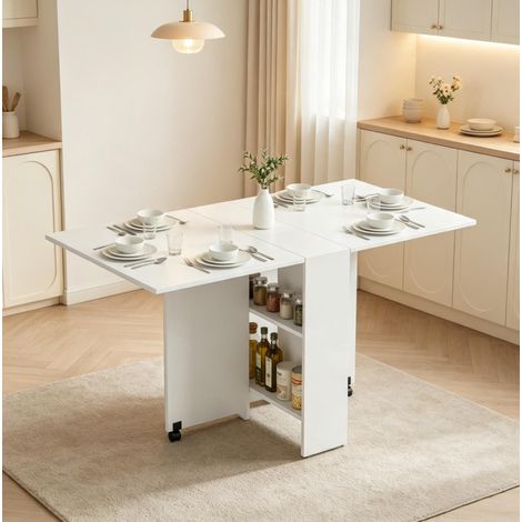 Mesa de comedor plegable con ruedas y estantes blancos 140 x 75 x 74 cm (1/5)
