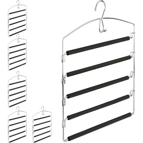6x Grucce per Pantaloni Salvaspazio, Appendiabiti Multiplo Imbottito in Metallo, HLP: 44,5x37x2,7 cm argento/nero