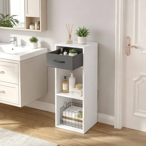 Aufbewahrungsregal mit Schublade, offenes Design, 32,4 x 30 x 80 cm, Grau/Weiß OKMYHOME (1/5)