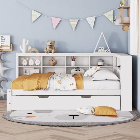 Lit adulte 140x200 cm avec lit gigogne 90x190 cm, prise USB et compartiments de rangement, en bois, sans matelas, blanc