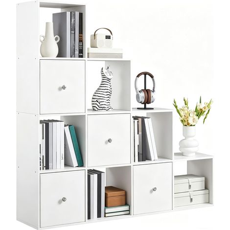 Bibliothèque Escalier à 10 Compartiments avec 4 Paniers, Étagère de Rangement à Casiers Ouverts, Meuble Moderne pour Salon, Chambre, Bureau, 128 x 29 x 128 cm, Blanc (1/5)