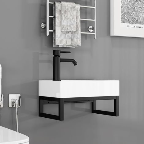 Lavabo mural mini sans montage, lavabo à main en céramique blanc mat carré avec cadre métallique, trou de trop-plein, entièrement préassemblé, lavabo mural gain de place pour WC invités (1/5)