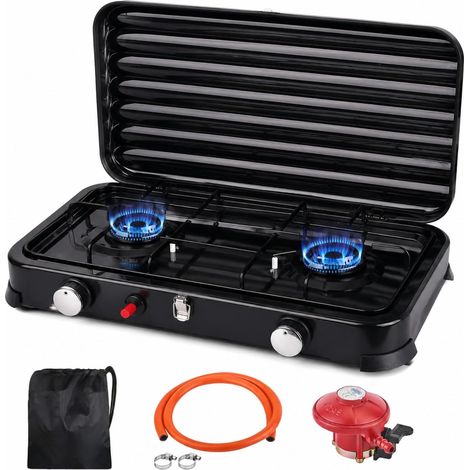 Réchaud Gaz-GPL Camping Portable 2 Feux, 4,4kW Rechaud Gaz Auto-Ignition, Tuyau PVC 150 cm + Régulateur 37 mbar - Réchaud Extérieur Couvercle Amovible pour Randonnée, Pêche, Pique-Nique(Noir) (1/5)