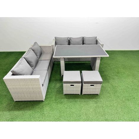 Fimous Rattan Garden Furniture Dining Set 8-seater Patio Rectangular Table Sofa Set with 2 Small Stools Light Grey (1/5)