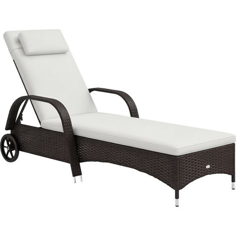 Outsunny Sonnenliege Polyrattan Gartenliege mit 5-Fach verstellbarer Rücklehne, Polsterauflage, Rollen, Kissen, 160 kg belastbar Relaxliege Liegestuhl für Garten, 200x73x30-103cm, Kaffeebraun (1/5)