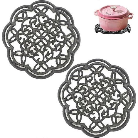 Lot de 2 cast iron trivet lot, rond heatresistant tampons, 7.7 pouces noir stove poignée couvercle, pour table (1/5)