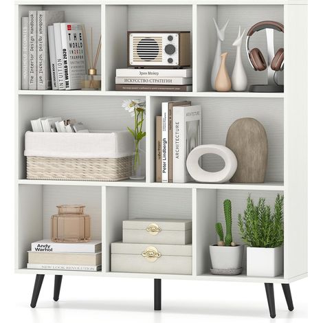 GOPLUS Bibliotheque à 3 Niveaux, Étagère Blanche en Bois avec 8 Compartiments, 4 Pieds Métalliques Inclinés, Dispositif Anti-basculement, Meuble de Rangment pour Salon, Bureau,100x24x107CM (1/5)