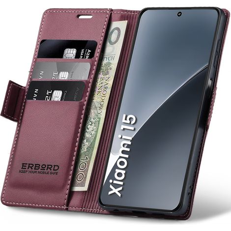 Funda para Xiaomi 15, funda tipo cartera brillante con tapa, color lichi, color rojo. (1/5)