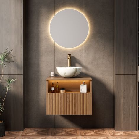 Mobile lavabo sospeso 60 cm con lavabo in ceramica bianca, LED con sensore, rovere scuro (1/5)
