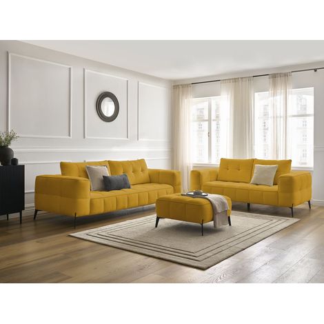 BOBOCHIC - Ensemble canapé droit fixe 3 + 2 places ANIS tissu texturé avec pouf   Jaune