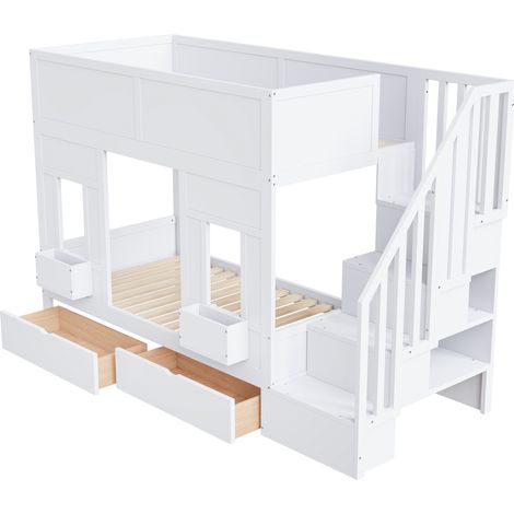 Lit superposé pour enfants avec escalier de rangement et tiroirs, 90 x 200, grand lit en hauteur avec fenêtres et coffres de rangement, structure en bois avec garde-corps de sécurité, lit enfant peu e
