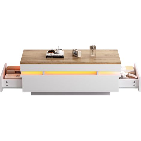 Table basse LED blanc et bois avec 2 tiroirs, 100x50x35 cm, table de salon moderne brillante (1/5)