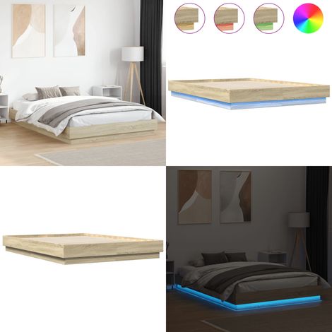 Bettgestell mit LED Sonoma-Eiche 150x200 cm - Holzbettwäsche - Bettsofa - Doppelbett - Boxspringbett - Lattenrost - Home & Living (1/5)