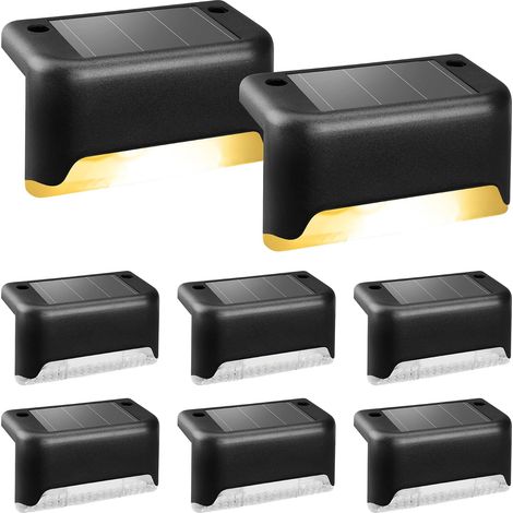 Solpex Lot de 8 lampes solaires de terrasse, lampes solaires d'extérieur étanches pour escaliers extérieurs, marches, clôtures, cour, patio et allée (noir, blanc chaud) (1/5)