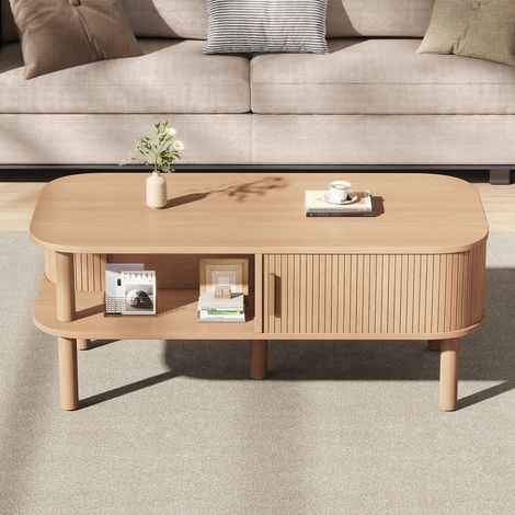 Table basse scandinave 110x55x45 cm,porte coulissante rainurée,rangements ouverts,5 pieds en bois massif,MDF effet bois,charge 60 kg (1/5)