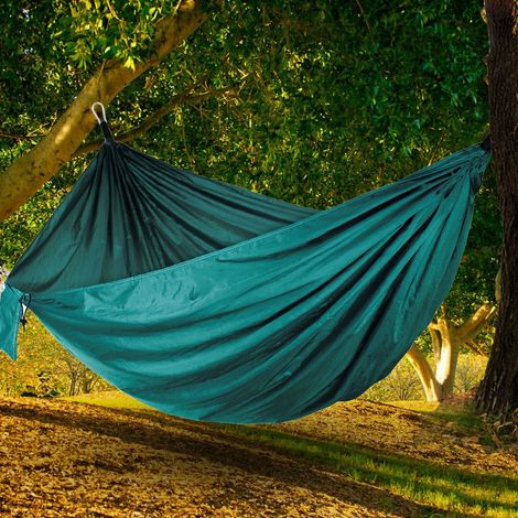Hamac double portable de voyage pour camping avec sangle d'arbre vert foncé (1/5)