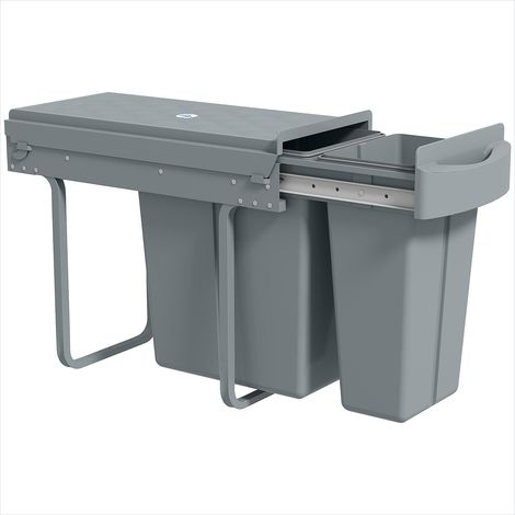 Poubelle encastrable 30L sous évier - 2 compartiments 20L+10L - Cadre métal, couvercle ABS gris (1/5)