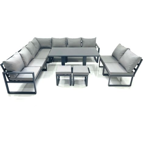 Fimous 11 Seater Outdoor Aluminum Garden Furniture Set Corner Sofa 2 Small Footstools Rising Lifting Dining Table Sets Dark Grey (1/5)