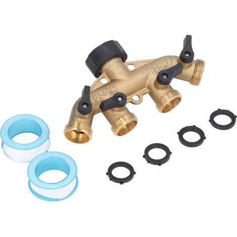 Distributeur d'eau de jardin en laiton robuste, 4 sorties avec vannes, raccords 3/4 pouces, adaptateur de robinet, filetage standard américain. (1/5)