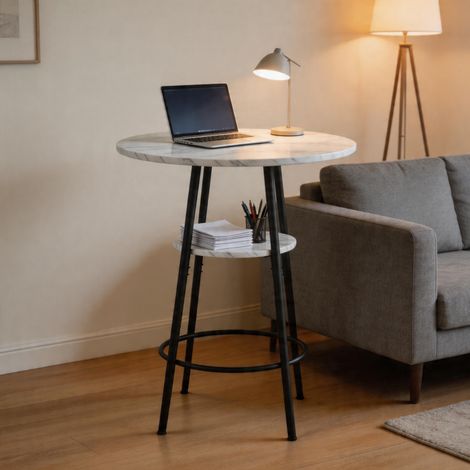 Table haute de bar avec rangement, plateau rond de 60 cm en effet marbre blanc, structure en métal noir, hauteur 89 cm, pour cuisine, salle à manger ou café – CHICFURN (1/5)