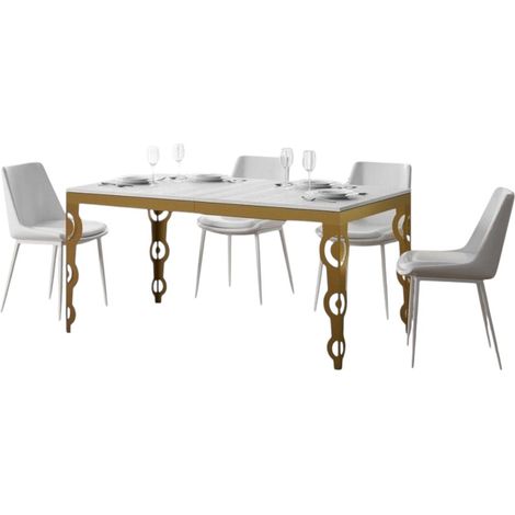 Table rectangulaire extensible 6 à 16 personnes L 120 à 380cm frêne blanc et cadre métal doré Kazay (1/5)