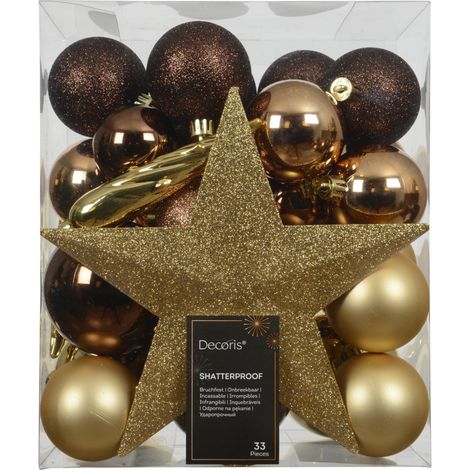 Decoris Weihnachtskugeln mit Christbaumspitze aus Kunststoff bruchsicher Ø 5, 6, 8 cm gold-braun 33 Stück