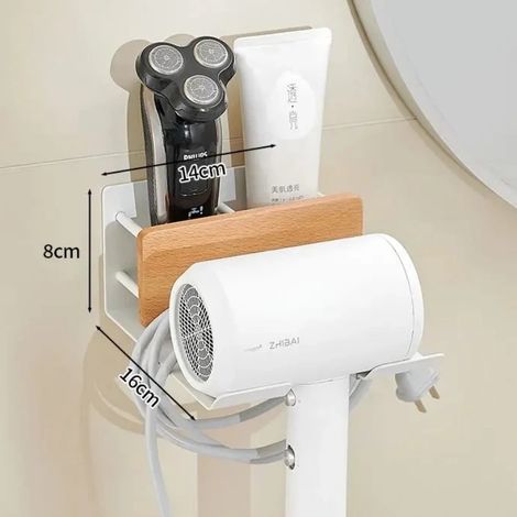 (Support pour sèche-cheveux A) Porte-serviettes en hêtre sans perçage, étagère de salle de bain murale pour toilettes, organisateur de rangement pour salle d'eau, porte-serviettes de bain, accessoires (1/5)