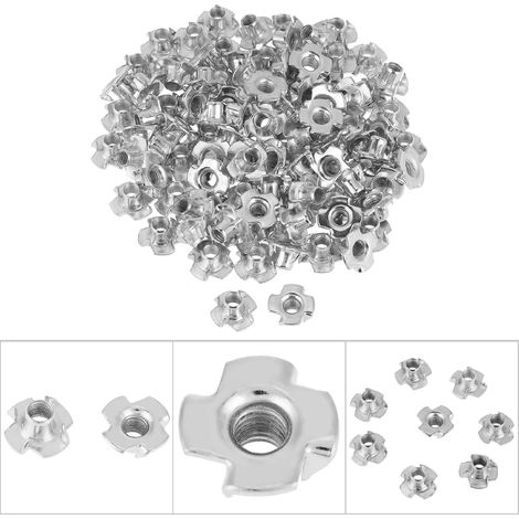 100 pièces écrous à griffes en acier au carbone zingué, écrous en T à 4 griffes pour menuiserie et meubles (M8) (1/5)