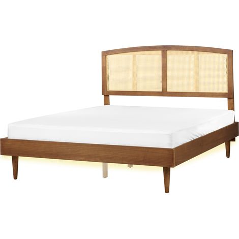 Cama LED de listones de madera clara de caucho con cabecero estilo rústico minimalista 160 x 200 cm Varzy