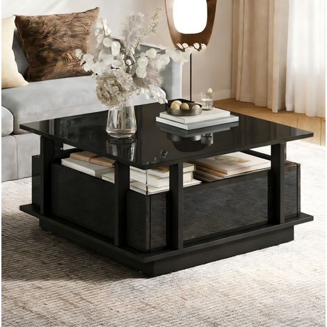 Tavolino da salotto 70x70x35 cm, con 2 cassetti, luce LED, divisorio in acrilico trasparente, truciolare, nero lucido (1/5)