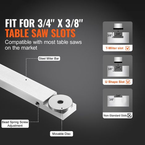 Guide d'onglet précision aluminium, rainure 19 x 9,5 mm, scie à table 61 cm, 15 butées angle, plongeur ressort réglable, disque amovible, menuiserie (1/5)