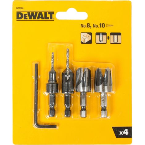 Juego de 4 brocas avellanadoras DeWalt DT7620-QZ, ideales para perforaciones limpias y precisas en madera y tableros, incluye brocas piloto de 8 y 10 mm, accesorios para carpintería.