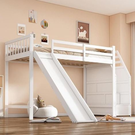 Lit mezzanine enfant - KOMHTOM - 90x200 cm - Toboggan - Échelle rangement - Barrière amovible (1/5)