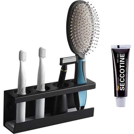 Porte Brosse à Dents Mural sans Percage, Support Brosse a Dent Electrique Aciers Inoxydables, Noir 4 Trous Support pour Brosse à Dents et Dentifrice, Absorbe l'eau et Résiste à l'Humidité (1/5)