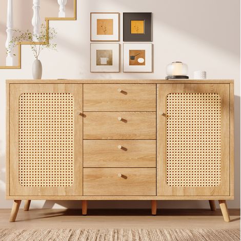Credenza 140 x 40 x 86 cm con 4 cassetti, 2 ante, effetto rattan, rovere chiaro HAVRYA (1/5)