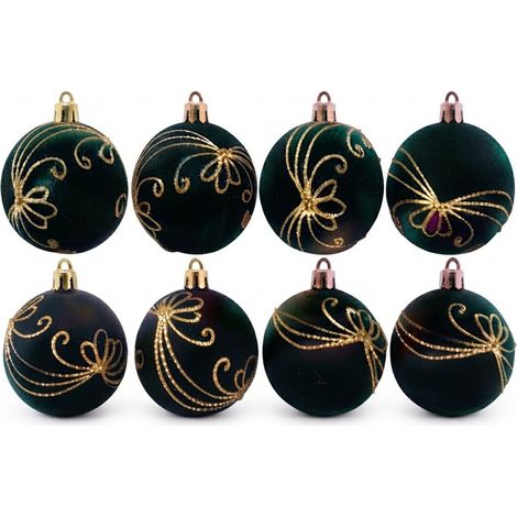 Set 8 Palline Natale Velluto Verde Scuro 6 cm con Ricami Dorati per Albero di natale ghirlande decorazioni casa e lavoro addobbi sfere particolari ed eleganti