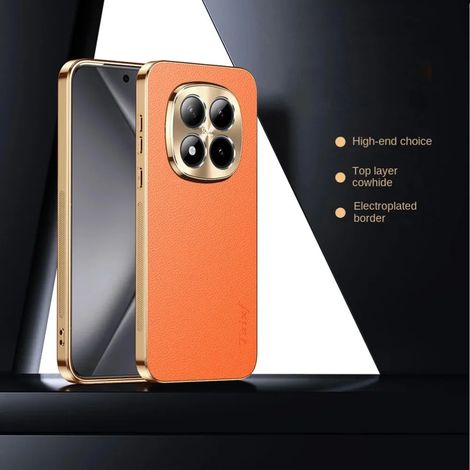 (Orange, Redmi Note 13 5G) Étui de téléphone en cuir végétalien avec cadre électroplaqué, étui de protection antichoc haut de gamme.