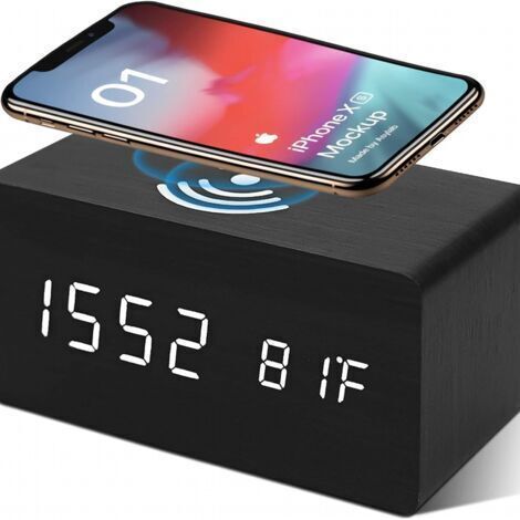 Despertador digital con cargador inalámbrico, reloj de escritorio LED con pantalla de temperatura, negro - Negro (1/5)