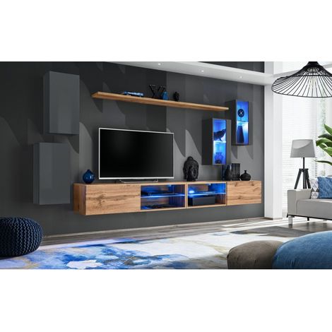 Ensemble meuble TV mural Switch XXV - L 280 x P 40 x H 140 cm - Marron et gris - Livraison gratuite