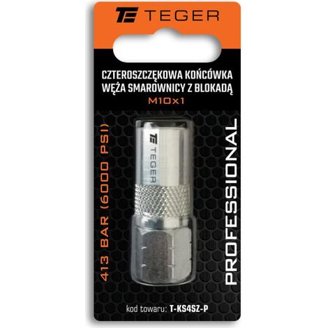 Connettore per tubo flessibile per ingrassatore a quattro ganasce con bloccaggio M10x1. 413 BAR (6000 PSI) Teger professionale