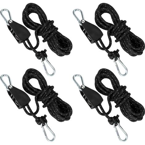 Flaschenzug Set mit Ratschen-Spanner & 4m Seil - Zeltspanner für Camping, Markisen und Sonnensegel - Seilzug mit Bremsfunktion (4-tlg. 11x8x2,5 cm)