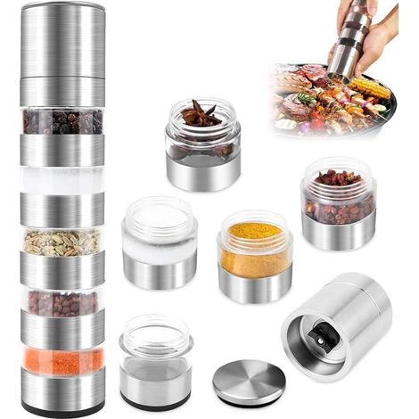 Lot de mini pots à épices 5 en 1 de qualité supérieure avec couvercle - En acier inoxydable - Portables - Avec moulin à épices - Pour voyage, maison, cuisine, steak, barbecue (1/5)